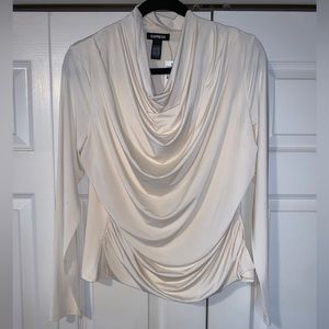 Express Cream Draped Cowl Neck Long Sleeve Top